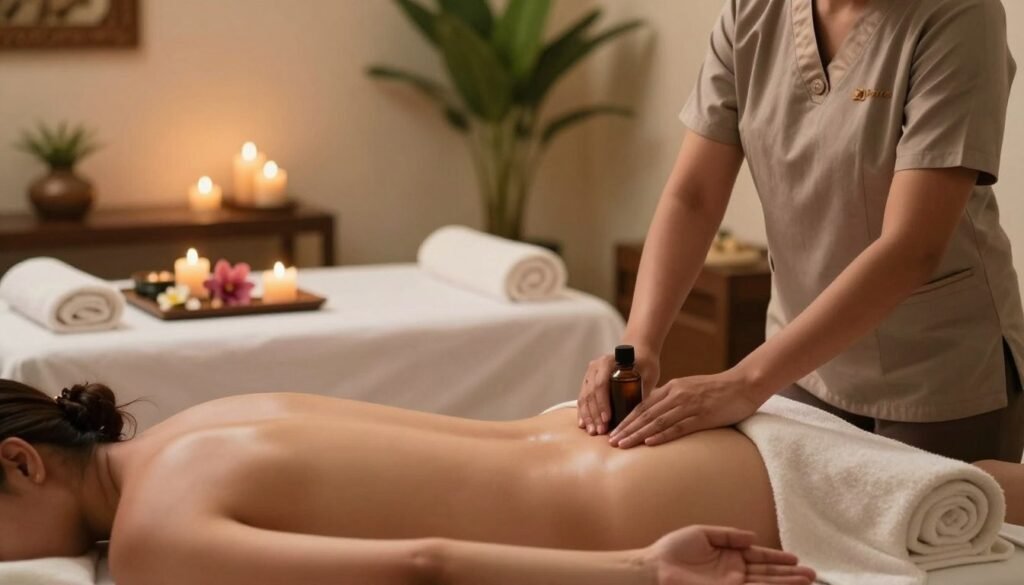 A serene spa room at Silk Touch Thai Massage in Goa, showcasing a luxurious full-body massage setup. In the foreground, a professional massage therapist, dressed in a modest, elegant uniform, prepares soothing oils and fresh towels. The middle layer features a beautifully arranged massage table with calming decorations, including aromatic candles and fresh flowers. In the background, gently lit indoor plants create a tranquil ambiance, complemented by soft lighting that casts warm shadows. The atmosphere exudes relaxation and luxury, inviting guests into a peaceful escape. Capture the scene with a soft-focus lens for an intimate feel, highlighting the warmth and comfort of the spa experience.