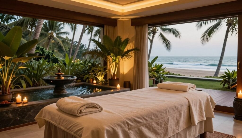 A luxurious spa setting at Silk Touch Thai Massage in Calangute, Goa, exuding relaxation and elegance. In the foreground, a beautifully arranged massage room with a plush massage table adorned with soft, neutral linens and aromatic candles flickering gently. The middle features a tranquil water feature and lush indoor plants, creating a serene atmosphere, while soft, golden ambient lighting bathes the entire space. In the background, large windows reveal a glimpse of palm trees and the calming ocean, emphasizing the tranquil coastal vibe. The scene captures the essence of an ultimate relaxation experience, inviting viewers to indulge in luxury and peace. The overall mood is calm and inviting, perfect for showcasing the best massage experience in Goa.
